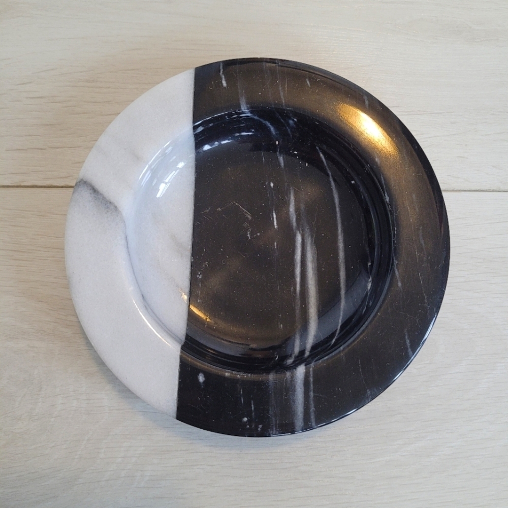 Vintage Heavy Luxury Black and White Marble Stone Ashtray Trinkeet Tray Art Deco